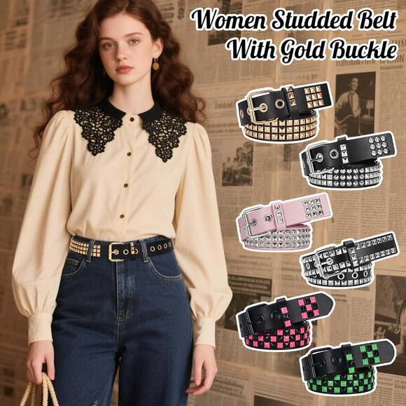 Women's Pink Metal Punk Rock Rivet Belt With Bright Pyramid Studded - Picture 2 of 7